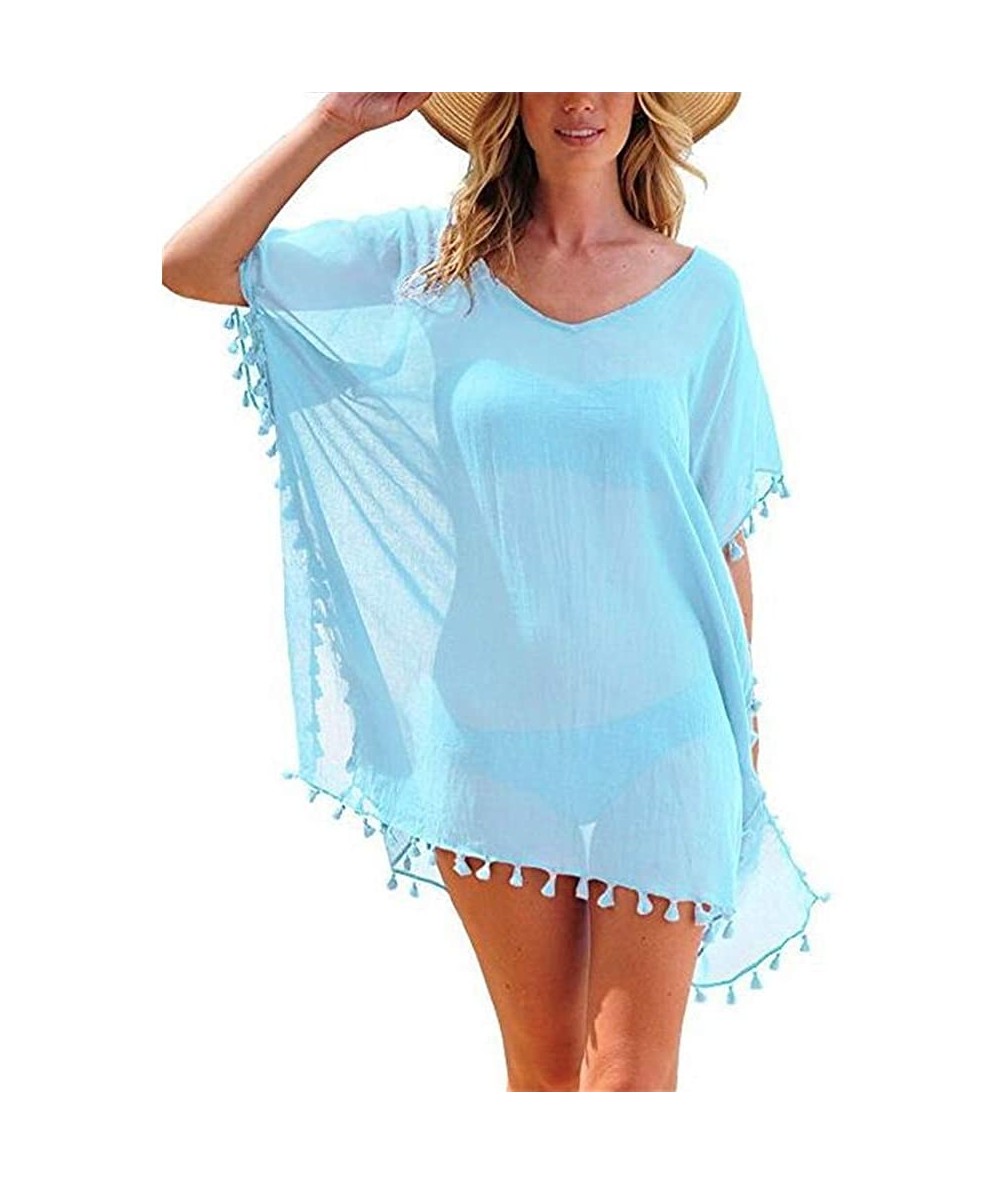 Cover-Ups Swimsuit Cover Ups Bathing Suit Coverups Beach Bikini Sunscreen Dress for Women Hawaii - Light Blue Tassel - CH18QT...