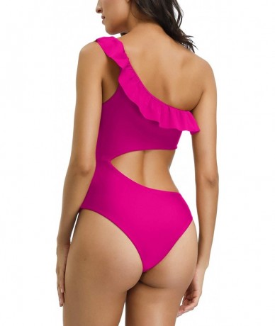 One-Pieces Women's Ruffle One Shoulder Cut Out High Waisted One Piece Swimsuit Bathing Suit - Rose Red - CJ18SX3Y3CW $42.95