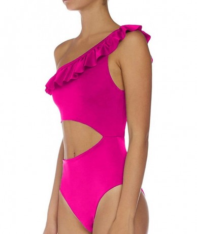 One-Pieces Women's Ruffle One Shoulder Cut Out High Waisted One Piece Swimsuit Bathing Suit - Rose Red - CJ18SX3Y3CW $42.95