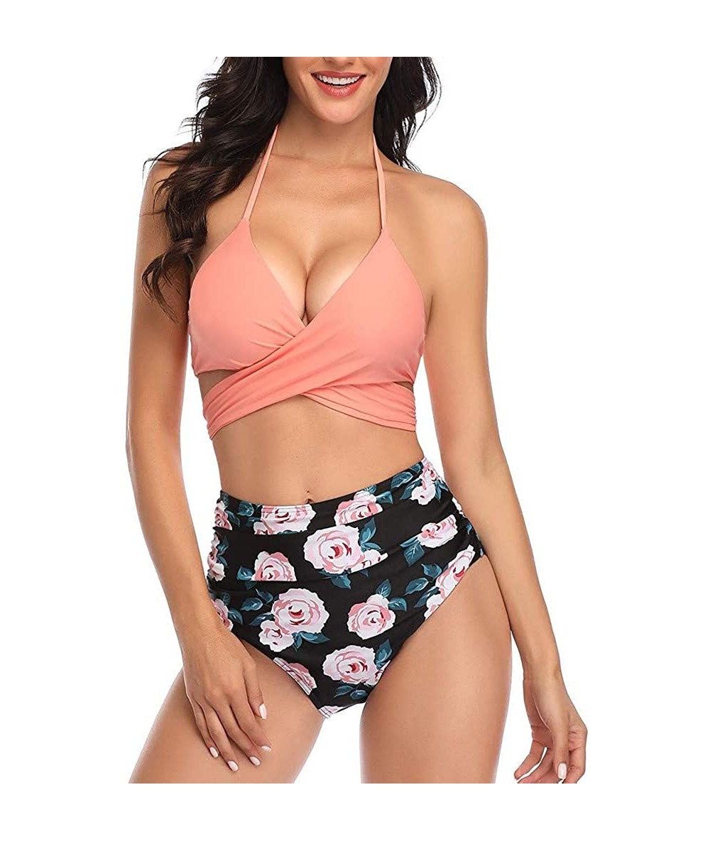 Board Shorts Women Swimsuit Halter Bandage Wrap Bikini Set Push-Up Ruched High Waist Swimwear - Pink - CP1952MEDGZ $28.05