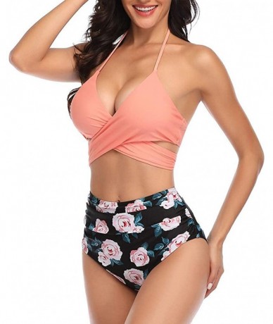 Board Shorts Women Swimsuit Halter Bandage Wrap Bikini Set Push-Up Ruched High Waist Swimwear - Pink - CP1952MEDGZ $28.05