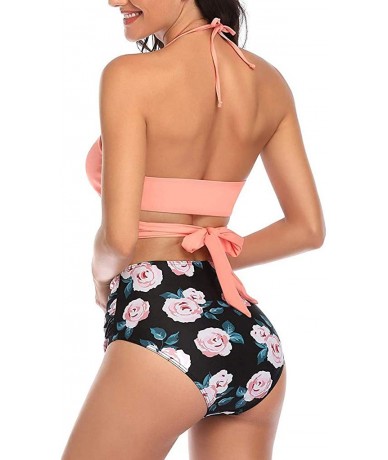 Board Shorts Women Swimsuit Halter Bandage Wrap Bikini Set Push-Up Ruched High Waist Swimwear - Pink - CP1952MEDGZ $28.05