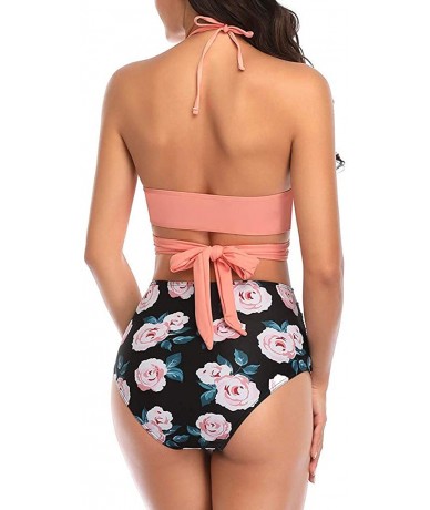 Board Shorts Women Swimsuit Halter Bandage Wrap Bikini Set Push-Up Ruched High Waist Swimwear - Pink - CP1952MEDGZ $28.05