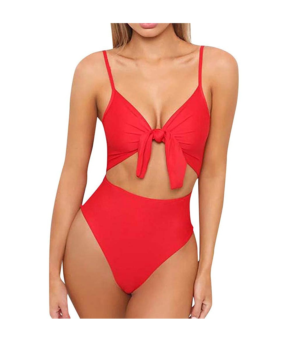 Racing Swimsuit 2 Pieces-Fashion Womens Spaghetti Strap Tie Knot Front Cutout High Cut One Piece Swimsuit - Red - CO18TSYU0HC...