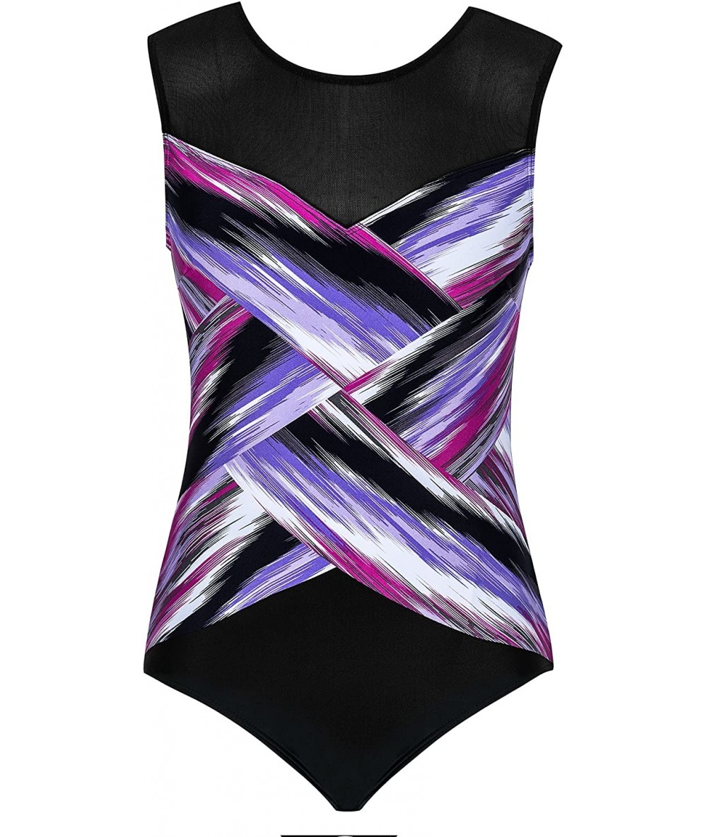 Racing 1 Piece Bathing Suits for Women Slimming Plus Size Sports Athletic Swimsuit - Violet Black - C718NUYX6Y9 $41.90