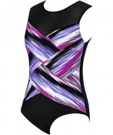 Racing 1 Piece Bathing Suits for Women Slimming Plus Size Sports Athletic Swimsuit - Violet Black - C718NUYX6Y9 $41.90