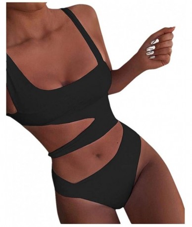 Cover-Ups Women Hollow Out Padded One Piece Swimsuit Ladies Tie Knot Front Ribbed High Waisted Cut Out One Piece Swimsuit Bla...