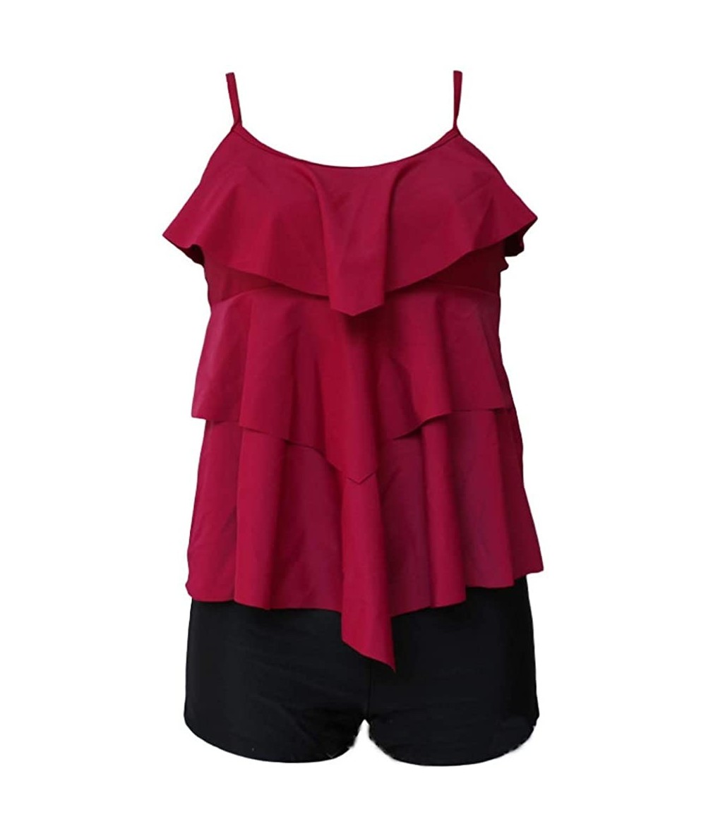 Tankinis Women's Halter Tankini Ruffle Layered Blouson Swimsuit Set - Wine - CK198S6RRQ8 $32.29