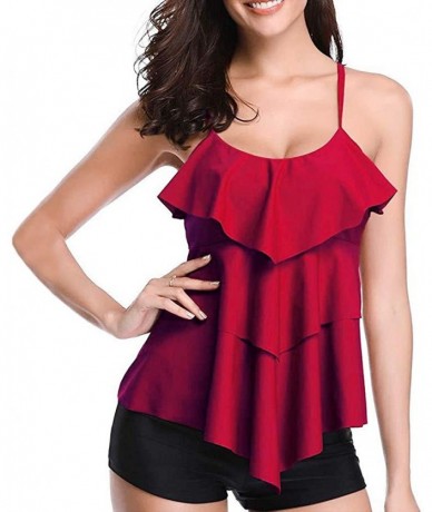 Tankinis Women's Halter Tankini Ruffle Layered Blouson Swimsuit Set - Wine - CK198S6RRQ8 $32.29