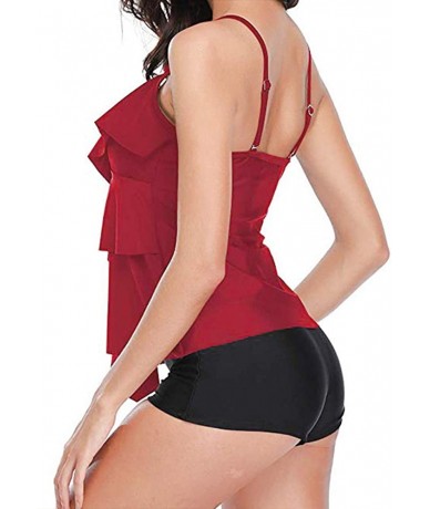 Tankinis Women's Halter Tankini Ruffle Layered Blouson Swimsuit Set - Wine - CK198S6RRQ8 $32.29