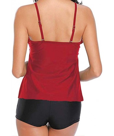 Tankinis Women's Halter Tankini Ruffle Layered Blouson Swimsuit Set - Wine - CK198S6RRQ8 $32.29