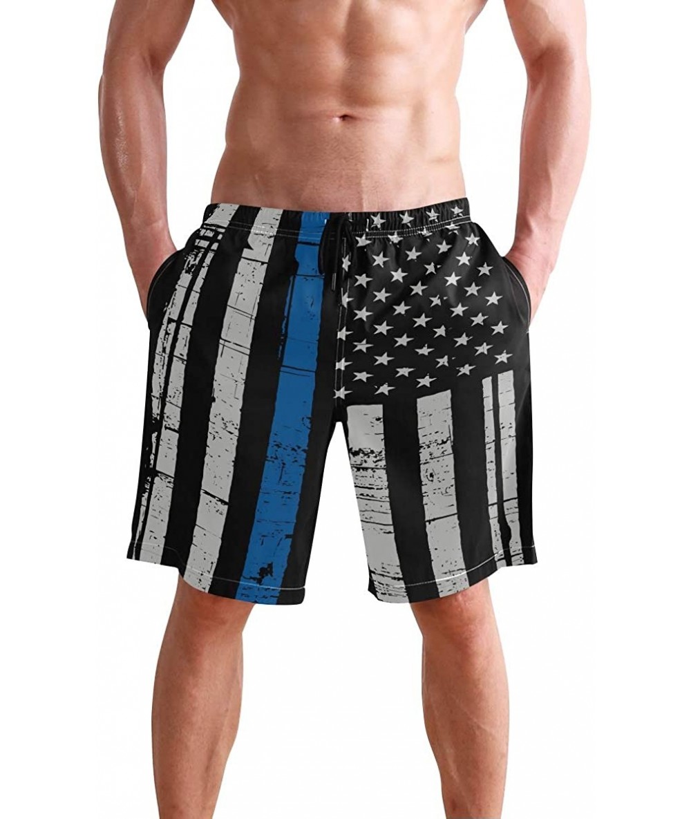 Board Shorts Men's Swim Trunks Christmas Plaid Painting Quick Dry Beach Board Shorts with Pockets - Police Thin Blue Line Fla...