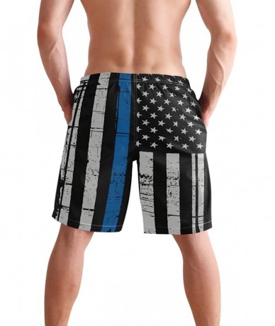 Board Shorts Men's Swim Trunks Christmas Plaid Painting Quick Dry Beach Board Shorts with Pockets - Police Thin Blue Line Fla...