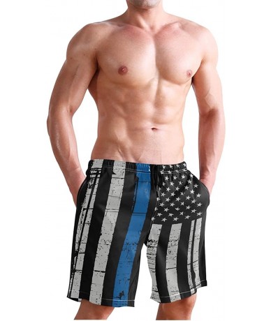 Board Shorts Men's Swim Trunks Christmas Plaid Painting Quick Dry Beach Board Shorts with Pockets - Police Thin Blue Line Fla...