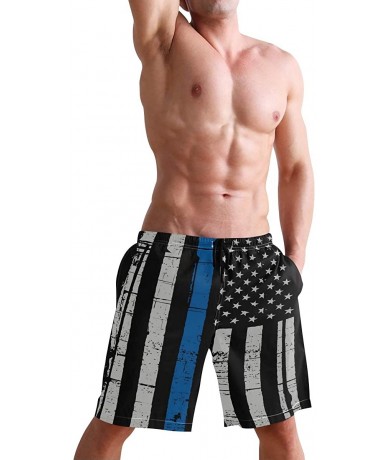 Board Shorts Men's Swim Trunks Christmas Plaid Painting Quick Dry Beach Board Shorts with Pockets - Police Thin Blue Line Fla...