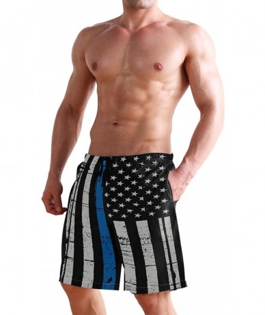 Board Shorts Men's Swim Trunks Christmas Plaid Painting Quick Dry Beach Board Shorts with Pockets - Police Thin Blue Line Fla...