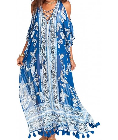 Cover-Ups Women Bathing Suits Long Cover Up Kaftan Tunic Loose Kimono Beach Dress Summer Swimsuits - Blue Flower - C318SEMUQO...