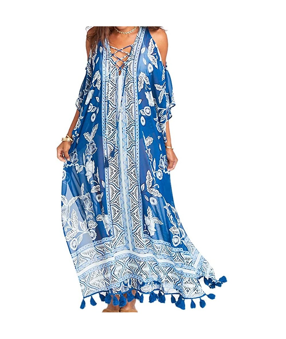 Cover-Ups Women Bathing Suits Long Cover Up Kaftan Tunic Loose Kimono Beach Dress Summer Swimsuits - Blue Flower - C318SEMUQO...