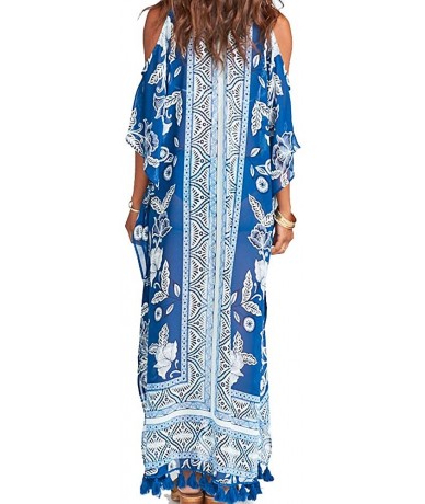 Cover-Ups Women Bathing Suits Long Cover Up Kaftan Tunic Loose Kimono Beach Dress Summer Swimsuits - Blue Flower - C318SEMUQO...