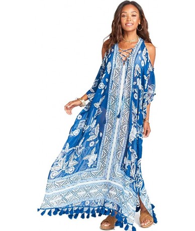 Cover-Ups Women Bathing Suits Long Cover Up Kaftan Tunic Loose Kimono Beach Dress Summer Swimsuits - Blue Flower - C318SEMUQO...