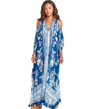 Cover-Ups Women Bathing Suits Long Cover Up Kaftan Tunic Loose Kimono Beach Dress Summer Swimsuits - Blue Flower - C318SEMUQO...