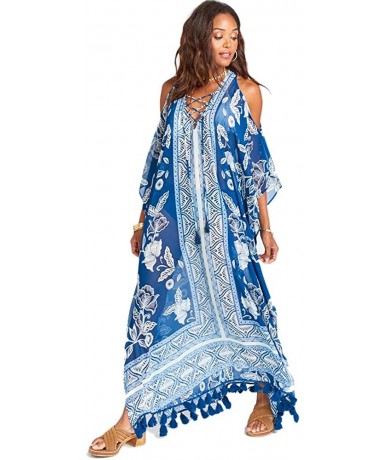 Cover-Ups Women Bathing Suits Long Cover Up Kaftan Tunic Loose Kimono Beach Dress Summer Swimsuits - Blue Flower - C318SEMUQO...