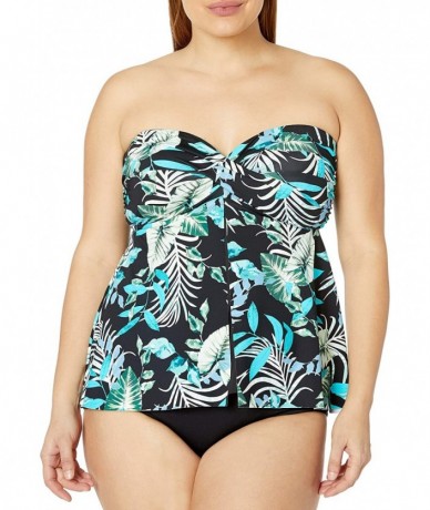 Tops Women's Flyaway Front Bandeau Tankini Swimsuit Top - Olive//Jungle Tropic - CE18Y24SLE9 $63.59