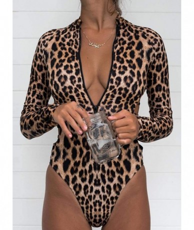 One-Pieces Women Sexy Animal Printed Hollow Out Zipper Long Sleeve Swimsuit One Piece Bathing - Leopard - CU1908G6RS6 $44.68