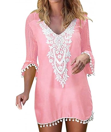 Bottoms Swimsuit Cover Ups for Women Pom Pom Trim Tassel Lace Crochet Swimwear Beach Cover Up - Pink - CA196OW9ITU $27.64