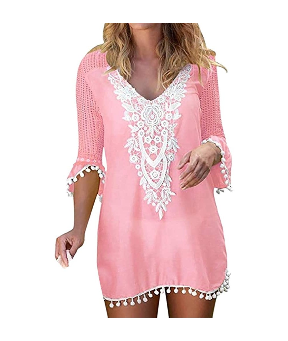 Bottoms Swimsuit Cover Ups for Women Pom Pom Trim Tassel Lace Crochet Swimwear Beach Cover Up - Pink - CA196OW9ITU $27.64