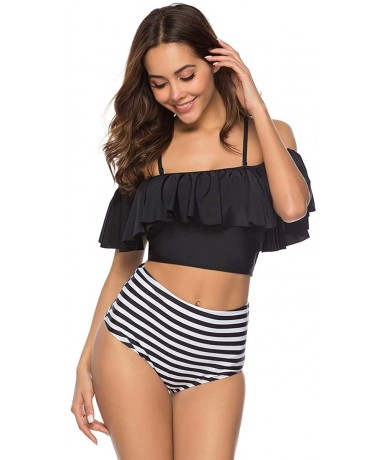 Sets Women Off The Shoulder Ruffle Swimsuit Two Piece Bathing Suits High Waisted Flounce Bikini Set - Striped - CO18Q8M7U03 $...