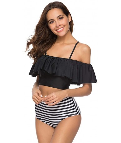 Sets Women Off The Shoulder Ruffle Swimsuit Two Piece Bathing Suits High Waisted Flounce Bikini Set - Striped - CO18Q8M7U03 $...