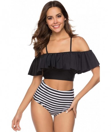 Sets Women Off The Shoulder Ruffle Swimsuit Two Piece Bathing Suits High Waisted Flounce Bikini Set - Striped - CO18Q8M7U03 $...