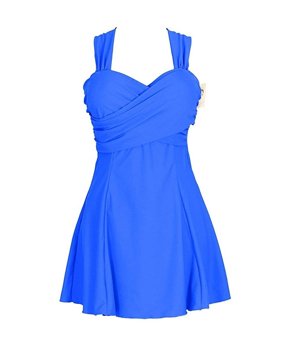 One-Pieces Women's Elegant Crossover One Piece Swimdress Skirted Bottom Swimsuit - Sapphire Blue - C318QN0GOGT $67.38