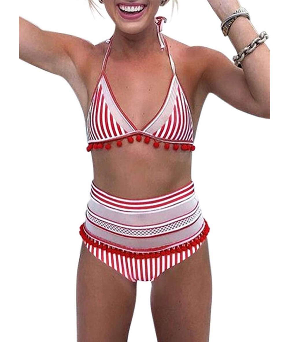 Cover-Ups Womens High Waist Two Pieces Bikini Set Padded Stripe Tassel Swimsuit - C Red - CO18O3UUZLZ $42.96