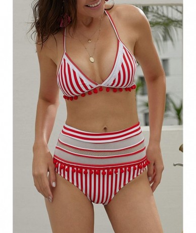 Cover-Ups Womens High Waist Two Pieces Bikini Set Padded Stripe Tassel Swimsuit - C Red - CO18O3UUZLZ $42.96