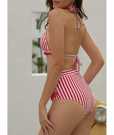 Cover-Ups Womens High Waist Two Pieces Bikini Set Padded Stripe Tassel Swimsuit - C Red - CO18O3UUZLZ $42.96