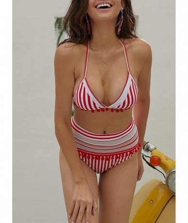 Cover-Ups Womens High Waist Two Pieces Bikini Set Padded Stripe Tassel Swimsuit - C Red - CO18O3UUZLZ $42.96