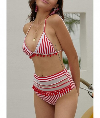 Cover-Ups Womens High Waist Two Pieces Bikini Set Padded Stripe Tassel Swimsuit - C Red - CO18O3UUZLZ $42.96