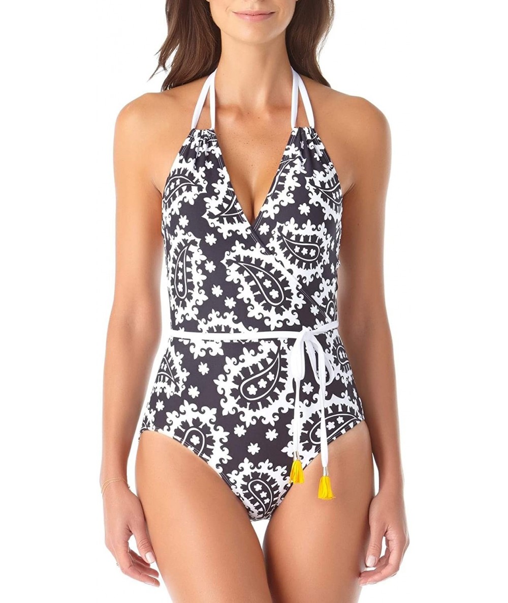 One-Pieces Women's Strappy One Piece Wrap Swimsuit with Tassels - Black White - CX18ZQ7WI2Y $64.22