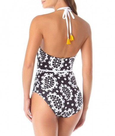 One-Pieces Women's Strappy One Piece Wrap Swimsuit with Tassels - Black White - CX18ZQ7WI2Y $64.22