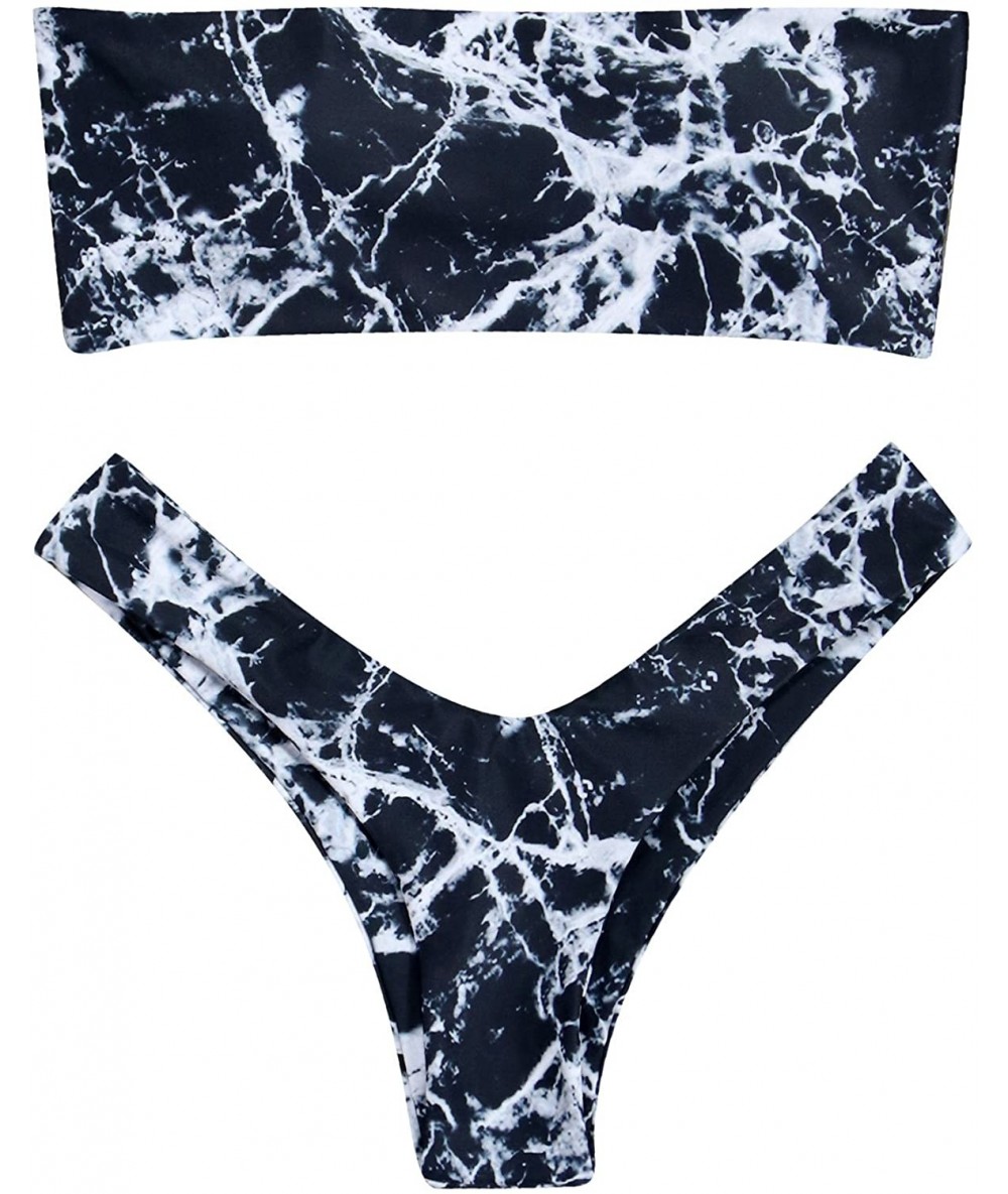 Sets Women Thong Bikini High Cut Bandeau Printed 2 Piece Swimsuits - Marble Printed - CZ18GAT3RYO $30.07