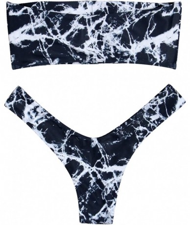 Sets Women Thong Bikini High Cut Bandeau Printed 2 Piece Swimsuits - Marble Printed - CZ18GAT3RYO $30.07