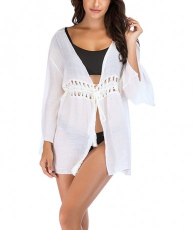 Cover-Ups Women's Long Bell Sleeve Drawstring Tassel Crochet Beach Cover Up Cardigan（White-One Size） - CL18RI5OALC $33.93