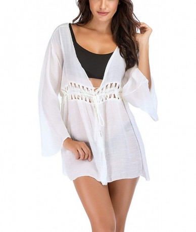 Cover-Ups Women's Long Bell Sleeve Drawstring Tassel Crochet Beach Cover Up Cardigan（White-One Size） - CL18RI5OALC $33.93