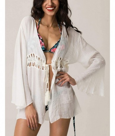 Cover-Ups Women's Long Bell Sleeve Drawstring Tassel Crochet Beach Cover Up Cardigan（White-One Size） - CL18RI5OALC $33.93