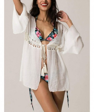 Cover-Ups Women's Long Bell Sleeve Drawstring Tassel Crochet Beach Cover Up Cardigan（White-One Size） - CL18RI5OALC $33.93