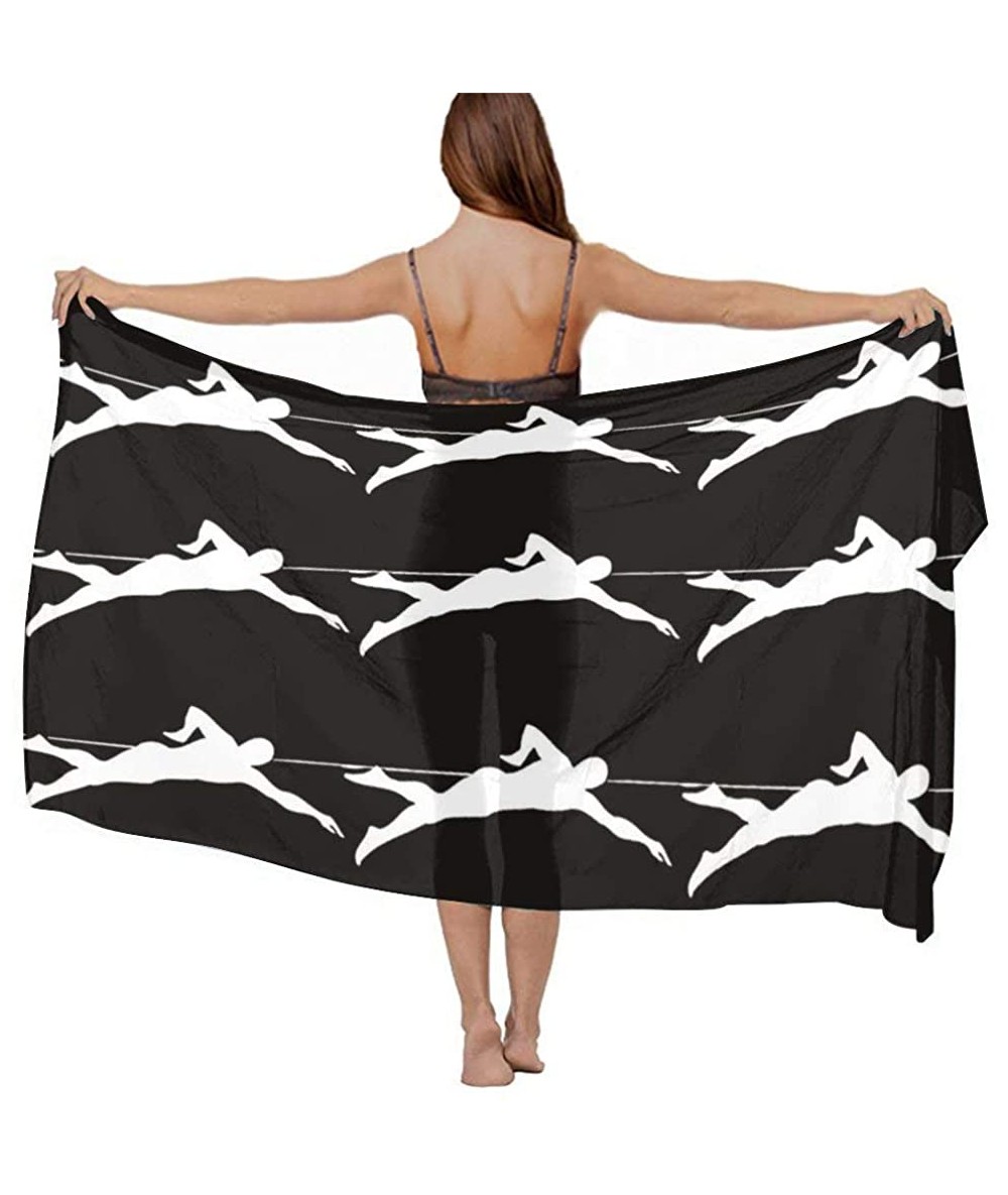 Cover-Ups Women Chiffon Scarf Summer Beach Wrap Skirt Swimwear Bikini Cover-up - Swimmer Pattern Black and White - C41908N05U...