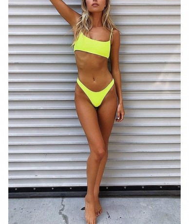 Sets Bikini Set Ribbed Neon Scoop Crop Top High Cut 2 Piece Brazilian Sporty Swimsuits for Women - Yellow - CJ18R38HA27 $33.32