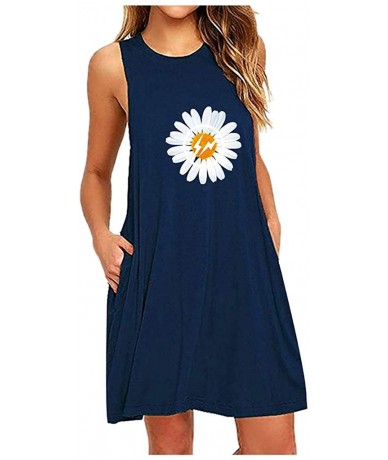 Cover-Ups Women Summer Casual T Shirt Dresses Beach Cover up Tank Dress Daisy Printing Sleeveless A Line Casual Dress Navy - ...